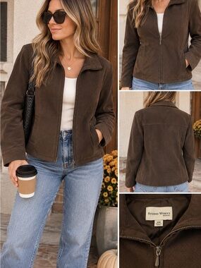 Studio Works Dark Brown Zip-Front Faux Suede Jacket